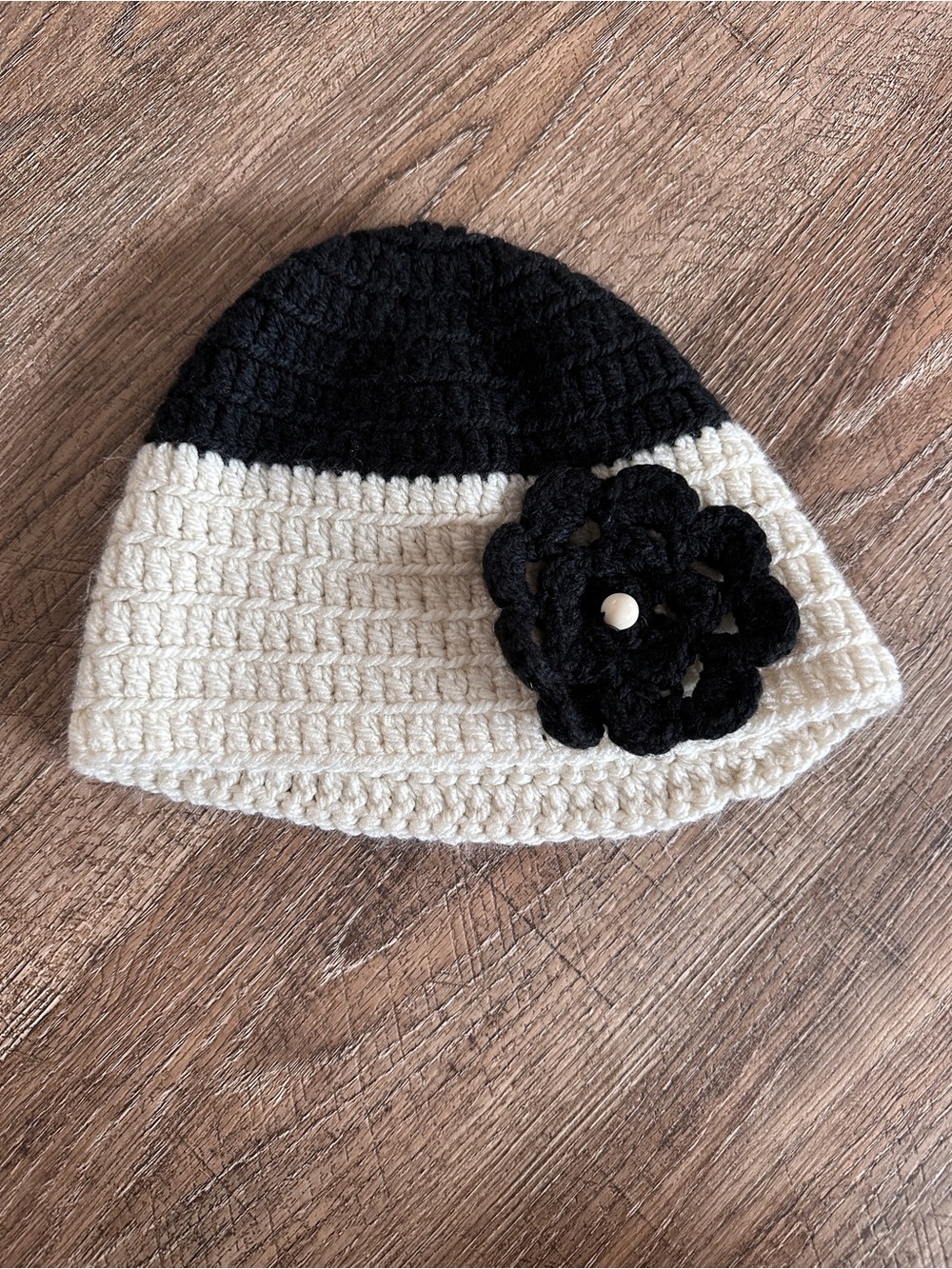 Two-Tone Black & Cream Crochet Beanie with Floral Accent